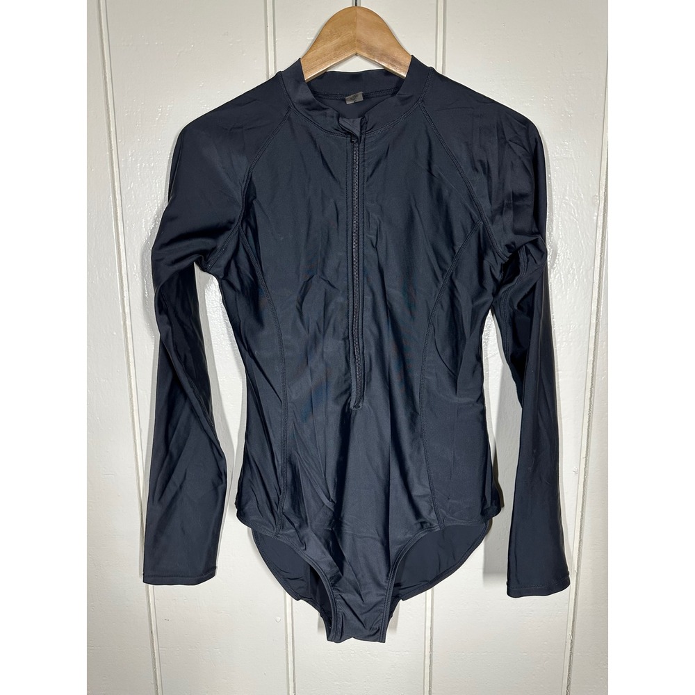 Unbranded Rash Guard Swimsuit Women L Black One Piece Long Sleeve Half Zip 7591